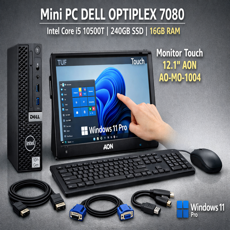 Mini PC Dell Optiplex 7080 i5 10500T - 240gb SSD - 16gbGB de RAM + Monitor Touch 12.1" AON  AO-MO-1004 Incluye los cables de Video Windows 11 Pro (OUTLET)