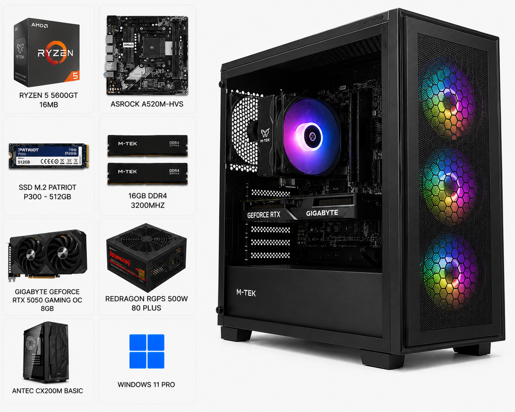 PC M-TEK Ryzen 5 5600GT 16MB, SSD M.2 Patriot P300 - 512 GB - M.2 , ASrock A520M-HVS, Antec CX200M Basic, Redragon RGPS 500W - 80 Plus, 16GB DDR4 3200 , Gigabyte Geforce RTX 5050 Gaming OC - 8GB, WINDOWS 11 PRO