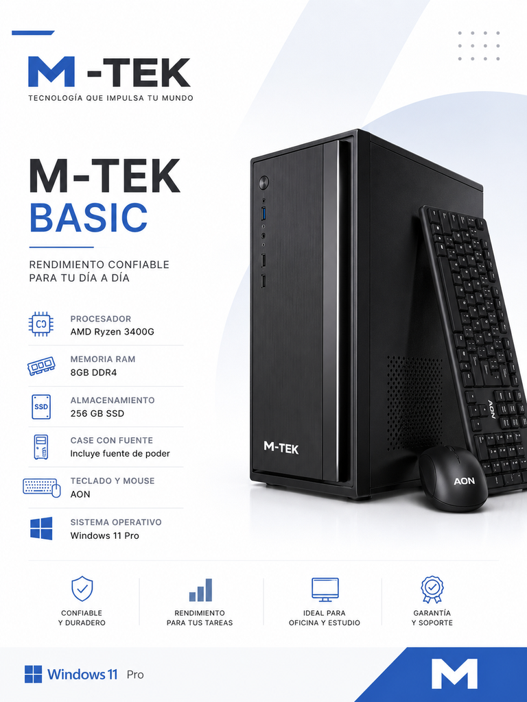 M-TEK BASIC RYZEN 3400G - 8GB RAM - 256 GB SSD - CASE CON FUENTE TECLADO Y MOUSE  AON - Windows 11 Pro.
