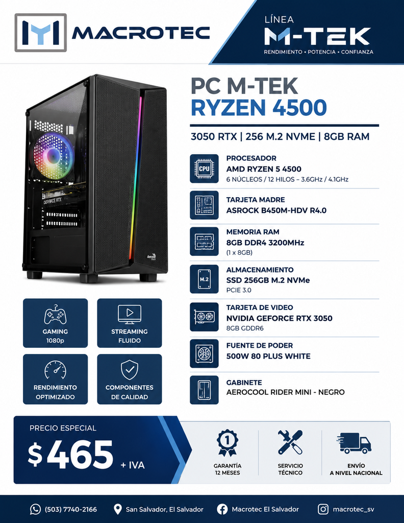 PC M-TEK RYZEN 4500 - 3050 RTX - 256 M.2 NVME - 8B RAM - CASE AEROCOOL RIDER MINI - 600W
