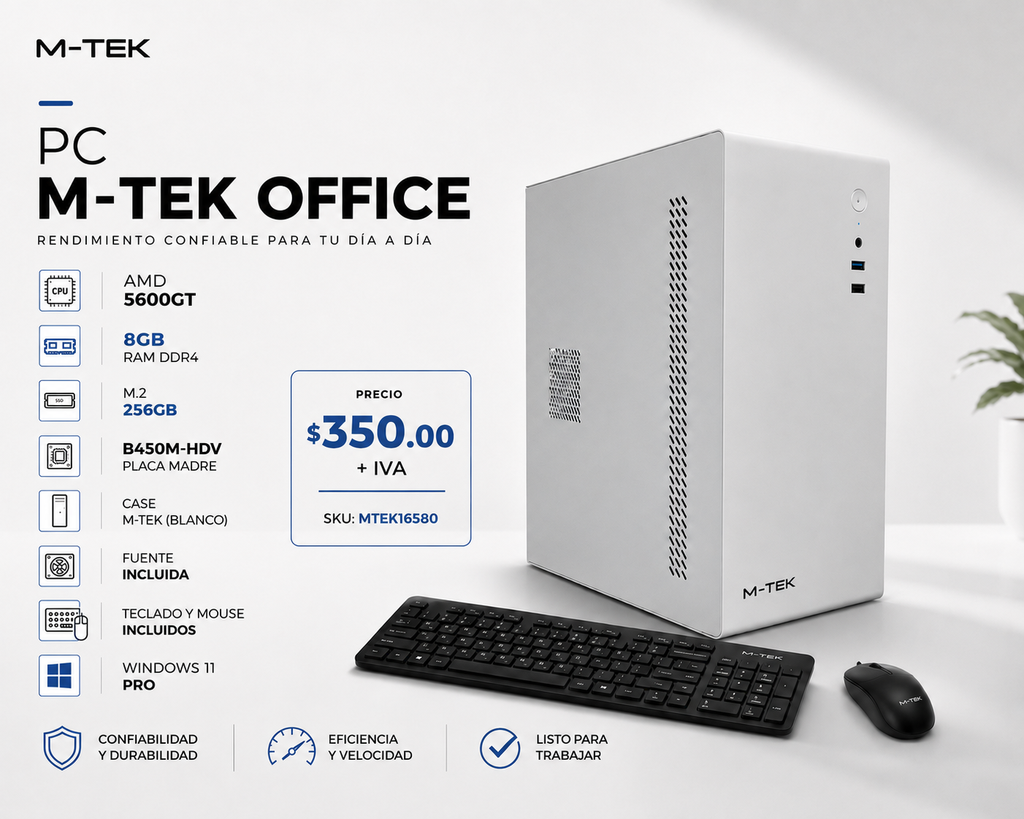 PC M-TEK OFFICE 5600GT 8GB DE RAM M.2 256GB B450M-HDV CASE M-TEK A200 BLANCO CON FUENTE TECLADO Y MOUSE WINDOWS 11 PRO