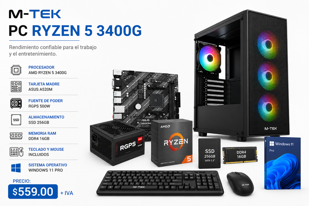 M-TEK PC RYZEN 5 3400G, ASUS A520M, RGPS 500W - SSD 256GB, DDR4 16GB, TECLADO MOUSE, WIND 11 PRO.