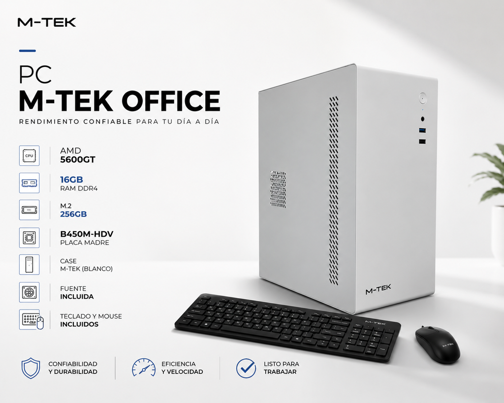 PC M-TEK OFFICE 5600GT 16GB DE RAM M.2 256GB B450M-HDV CASE M-TEK A200 BLANCO CON FUENTE TECLADO Y MOUSE WINDOWS 11 PRO