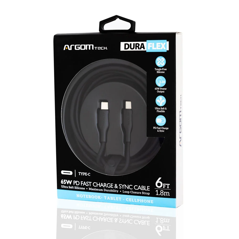 Cable Argom Dura Flex Tipo-C a Tipo-C 65W PD Fast Charge & Sync Cable - 1.8M - Negro - ARG-CB-0070BK