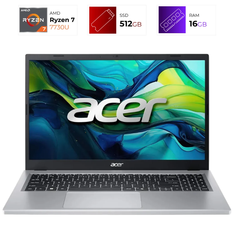 Laptop Acer Aspire Go 15 - Ryzen 7 7730U - 16GB DDR4 - SSD 512 - W11H - Pure Silver - NX-JJHAA.003