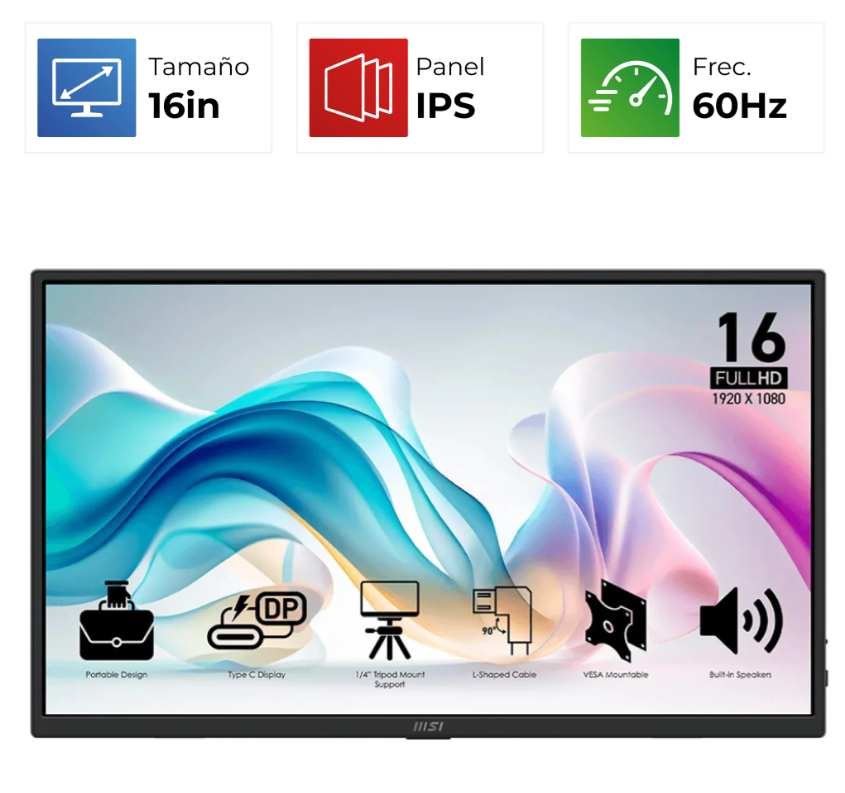 Monitor MSI PRO MP165 E6 - 15,6" - FHD - 4MS - 1920x1080 - 60Hz - Negro - 9S6-3PE50M-004