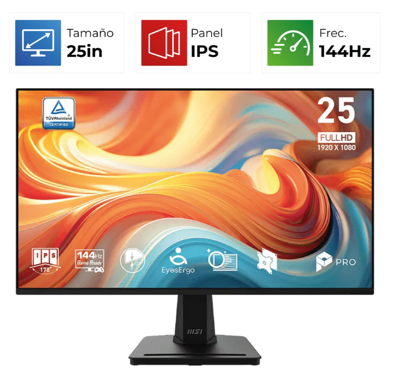 Monitor MSI Pro MP251 E14L - 24.5" - IPS - FHD - 1MS - 1920x1080 144Hz - Negro - 9S6-3PD2CM-048