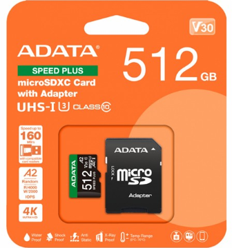 [USB0156] Memoria MicroSDXC ADATA 512 GB UHS-I - Speed Plus - V30 - UD512GUI3V30A2SP-RA1