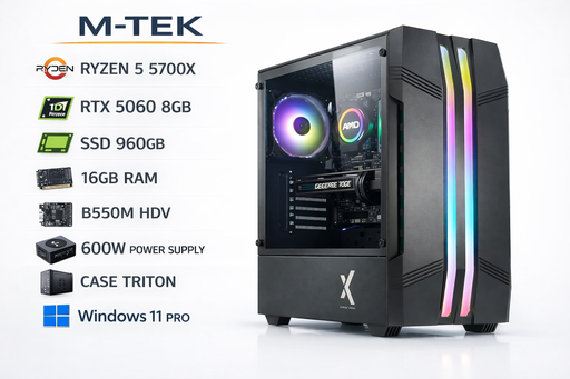 [M-TEK5061] PC M-TEK RYZEN 5 5700X - ENFRIAMIENTO COREFROZR AA13 - RTX5060 8GB - SSD 960GB - 16GB RAM - B550M HDV - 600W - CASE TRITON - WIN11 PRO