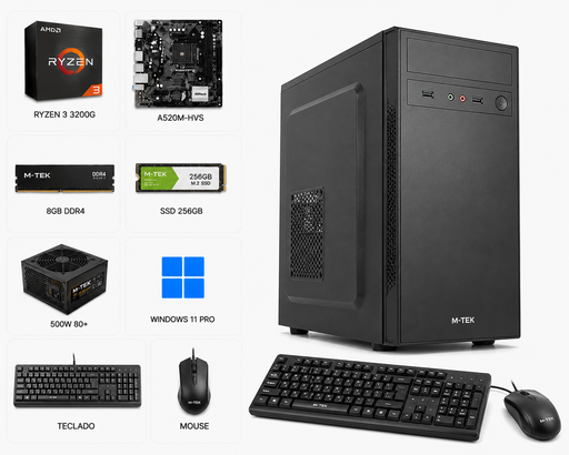 [MTEK16573] PC M-TEK PROCESADOR RYZEN 3 3200G, A520M-HVS, 8GB DDR4, 500W 80+, SSD 256GB, TECLADO Y MOUSE, WINDOWS 11 PRO