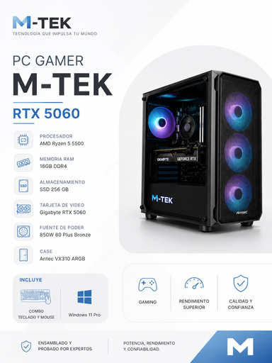 [M-TEK16575] PC M-TEK Procesador AMD Ryzen 5 5500 AM4, 16gbDDR4, SSD 256 GB, Gigabyte RTX 5060,  850W 80 Plus Bronce, Case Antec VX310 ARGB, Combo Teclado y Mouse, Windows 11 Pro  