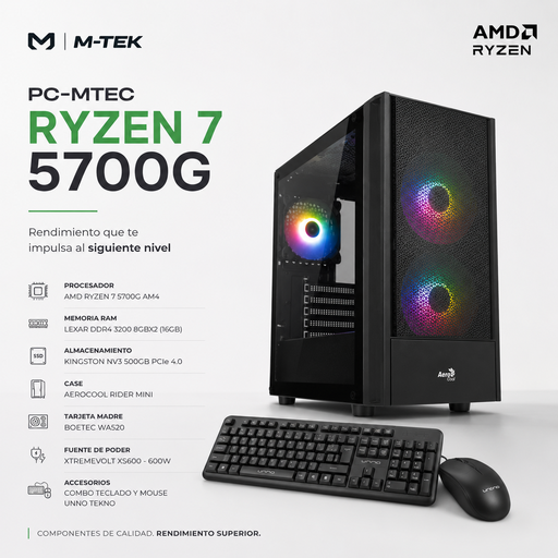 [MTEK16751] PC-MTEC Ryzen 7 5700G AM4, RAM Lexar DDR4 3200  8GBX2, Kingston NV3 500GB PCIe 4.0, Aerocool Rider Mini, Boetec WA520,  Xtremevolt XS600 - 600W, Combo Teclado y Mouse UNNO TEKNO