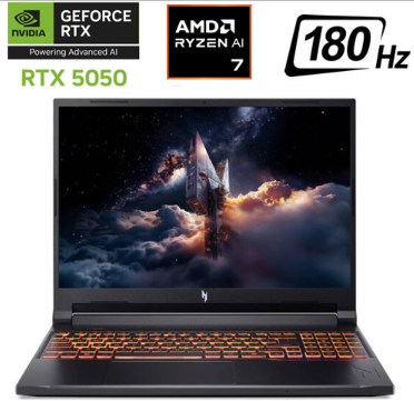 [LP2372] Laptop Acer Nitro V16 AI  - Ryzen 7  260 - RTX5050 - 16GB DDR5 - 512GB SSD - 16" Wuxga IPS 180Hz - Win11H - Shale Black 