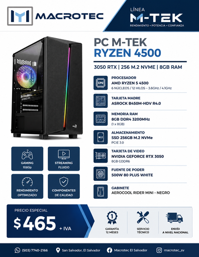 [M-TEK5077] PC M-TEK RYZEN 4500 - 3050 RTX - 256 M.2 NVME - 8B RAM - CASE AEROCOOL RIDER MINI - 600W