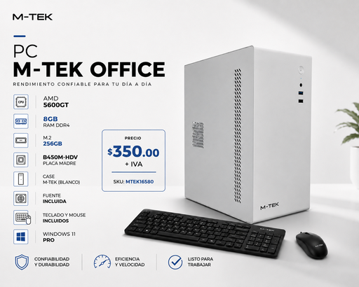 [M-TEK5081] PC M-TEK OFFICE 5600GT 8GB DE RAM M.2 256GB B450M-HDV CASE M-TEK A200 BLANCO CON FUENTE TECLADO Y MOUSE WINDOWS 11 PRO