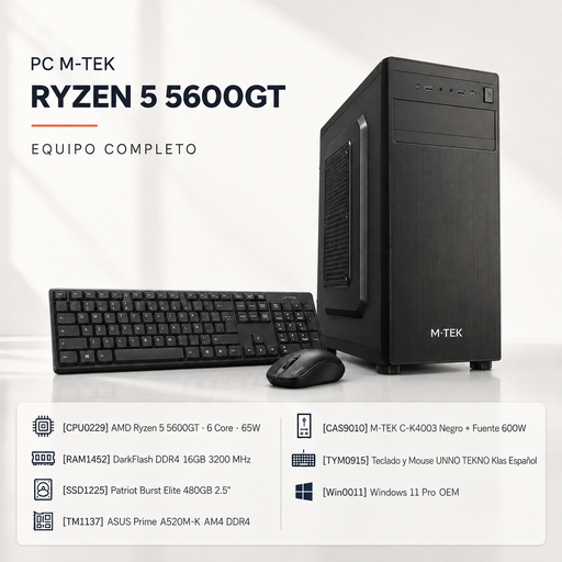[17364] PC M-TEK RYZEN 5 5600GT 16GB RAM DDR4 SSD 480GB A520 ASUS WINDOW 11 PRO CASE CON FUENTE TECLADO Y MOUSE