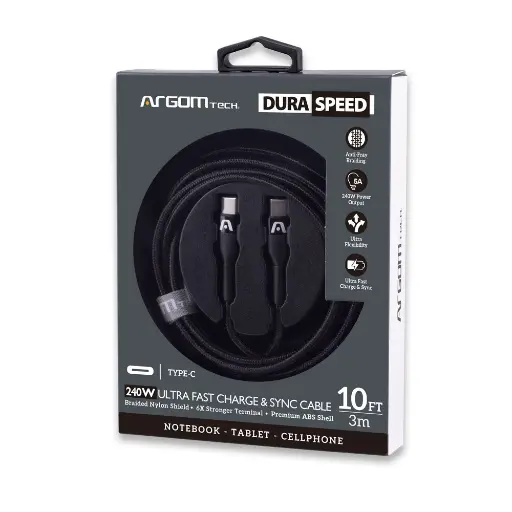 [CAB0513] Cable Argom Dura Speed 240W Ultra Fast Charce & Sync Cable - Tipo C a Tipo C - 3M - Negro - ARG-CB-0074BK