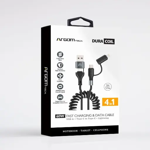 [CAB0527] Cable Argom Dura Coil USB-A + Type-C To Type-C + Lightning 60W Fast Charce - 1.5M - Negro - ARG-CB-0071BK
